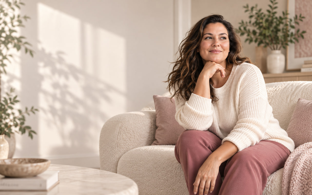 Woman seated in a warm, softly lit living space.